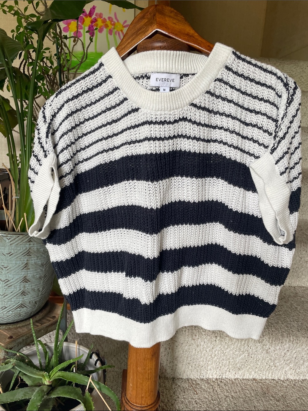 Evereve Blue and White Coastal Striped Knit Short Sleeve Summer Crew Sweater